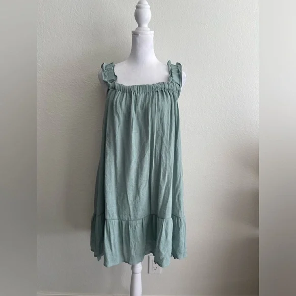 Blue-green Tiered Mini Sundress with Square Neck/ Ruffle Cinched Shoulder Straps - Picture 5 of 13